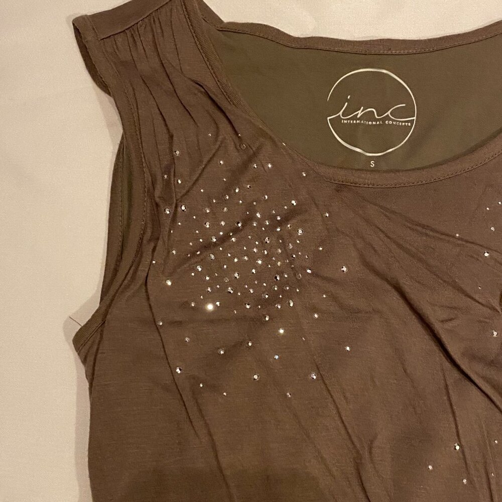 NWOT INC Fitted Dress Sequins Brown / Taupe Sleeveless Ruched Stretch Slim Fit S